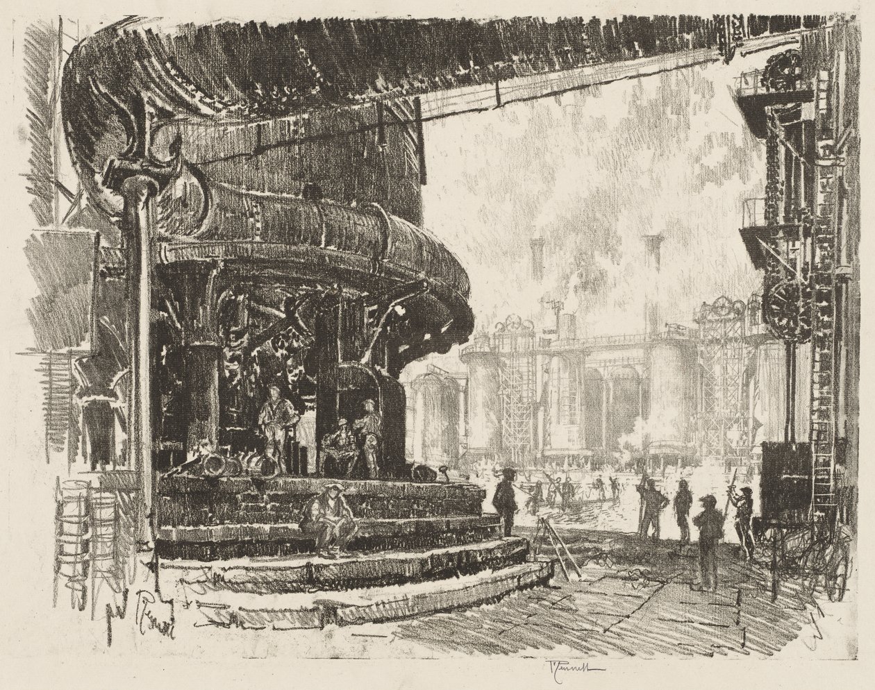 Travail de guerre anglais : Fabrication de fonte, la base des hauts fourneaux - Joseph Pennell