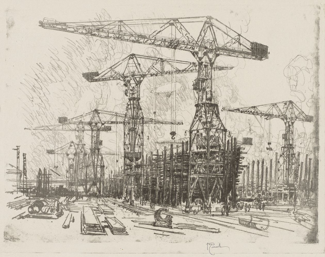 Travail de guerre anglais : Le vieux chantier naval - Joseph Pennell