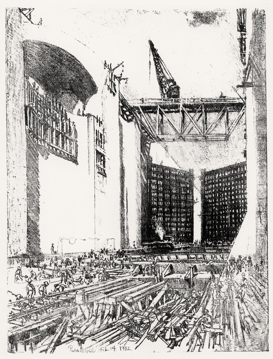 Pose du Sol : Écluse de Pedro Miguel, planche XVIII de Le Canal de Panama par Joseph Pennell, 14 février 1912 - Joseph Pennell