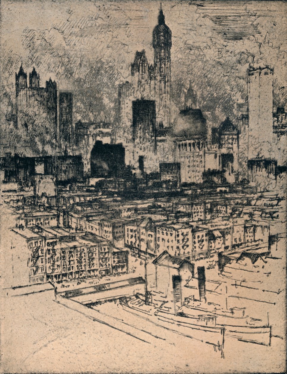 New York depuis le pont de Brooklyn, vers 1908 - Joseph Pennell