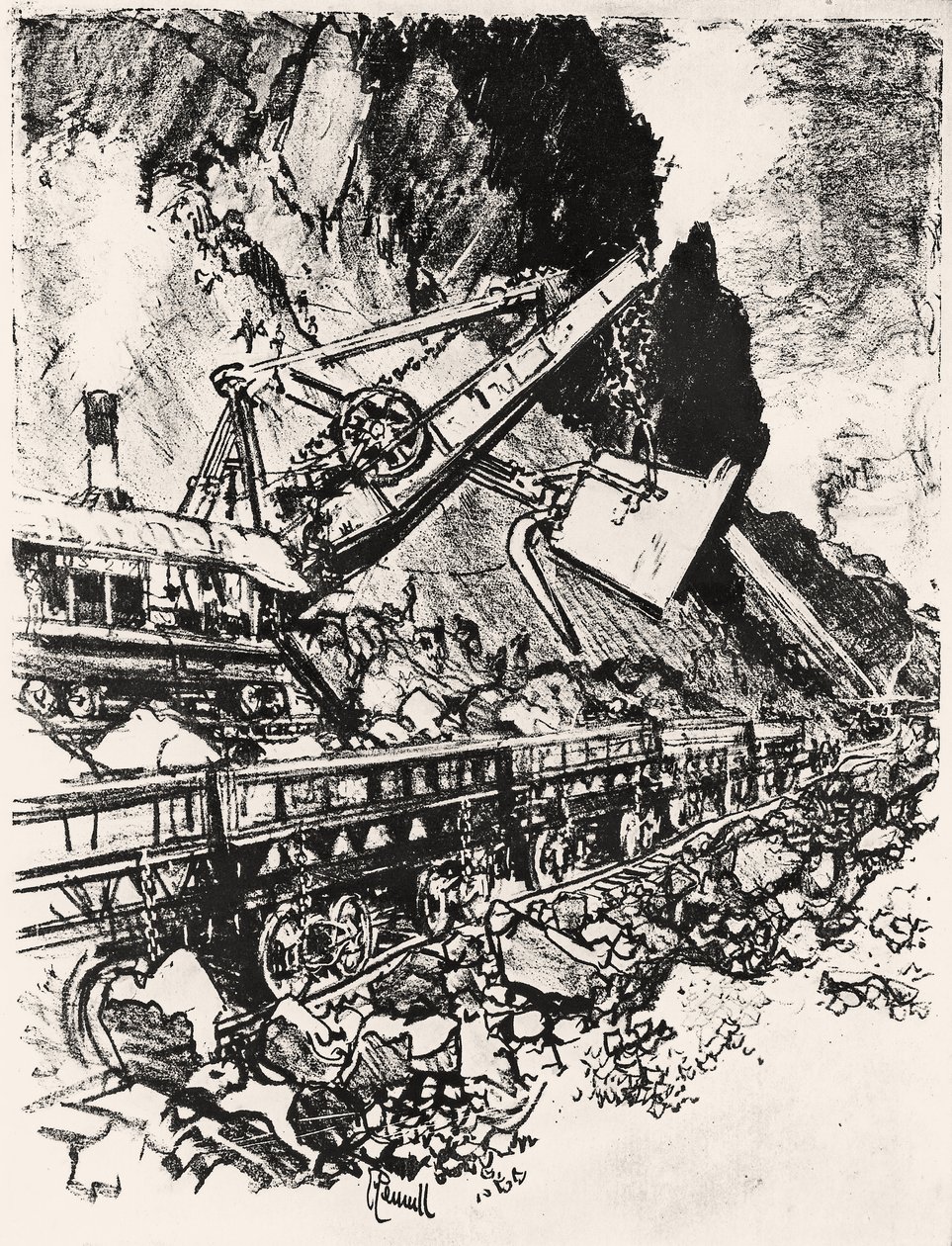 Travail de Pelle à Vapeur : Coupe de Culebra, planche XIV de Le Canal de Panama par Joseph Pennell, 1912 - Joseph Pennell