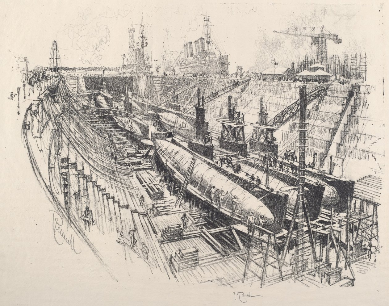 Sous-marins en cale sèche - Joseph Pennell