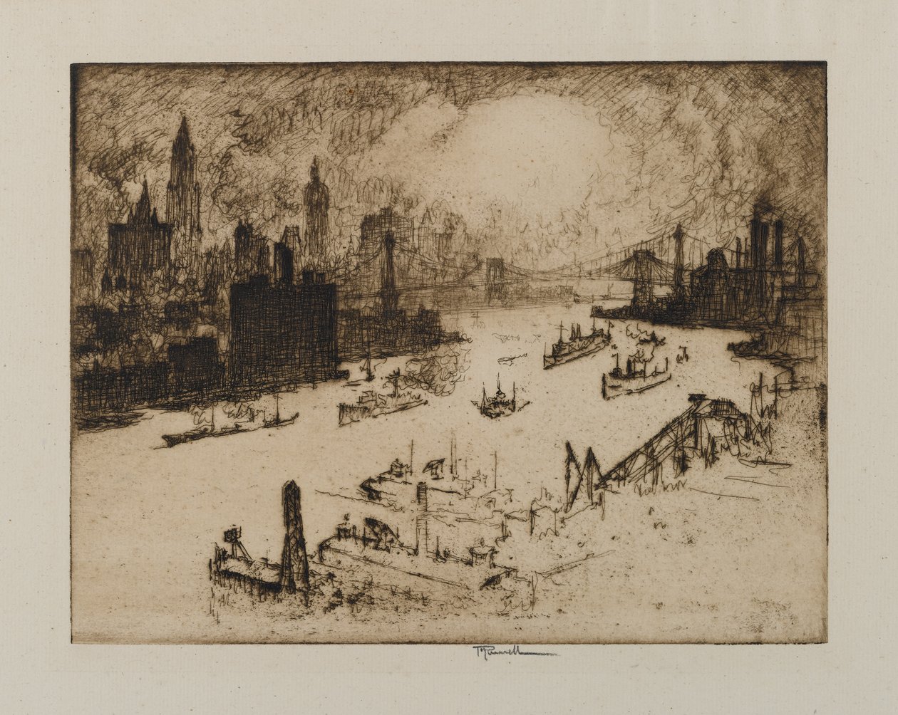 Coucher de soleil depuis le pont de Williamsburg, 1915 - Joseph Pennell