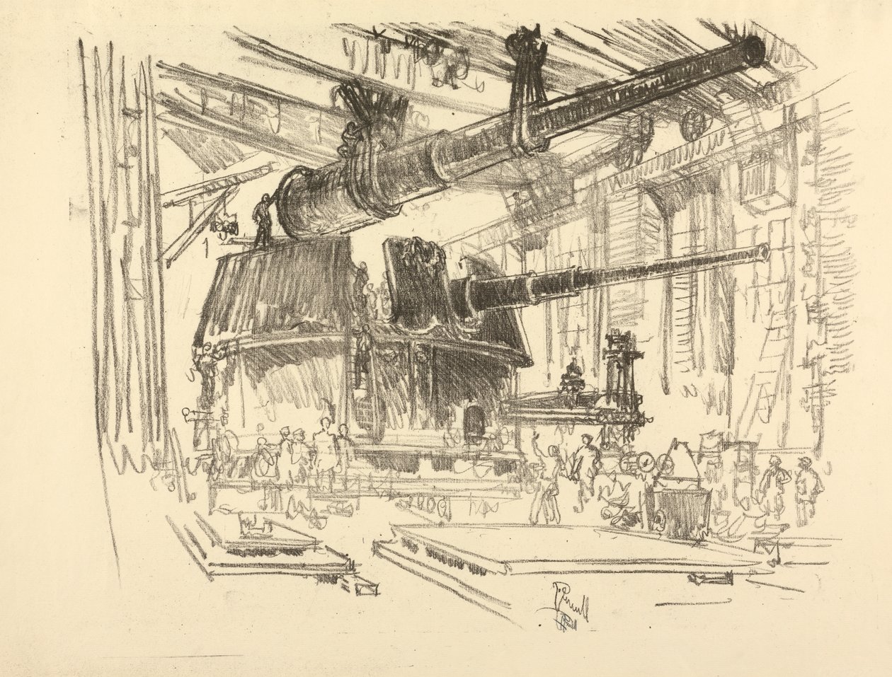 La série de guerre anglaise : W. 448 Montage des canons dans les tourelles - Joseph Pennell
