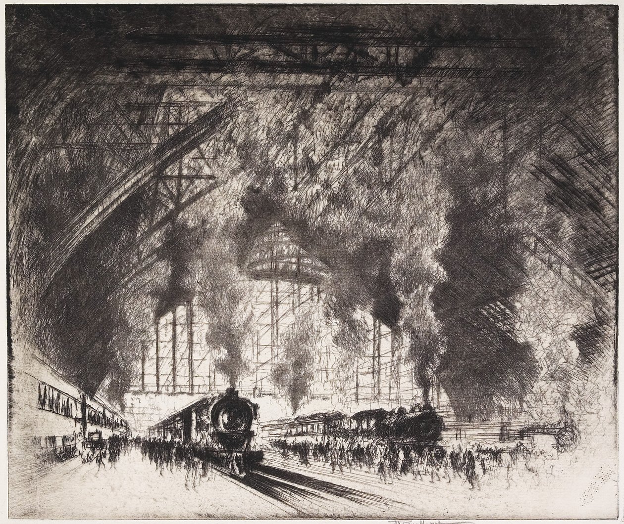 Les trains qui arrivent et les trains qui partent, Pennsylvania Railroad, Philadelphie, 1919 - Joseph Pennell