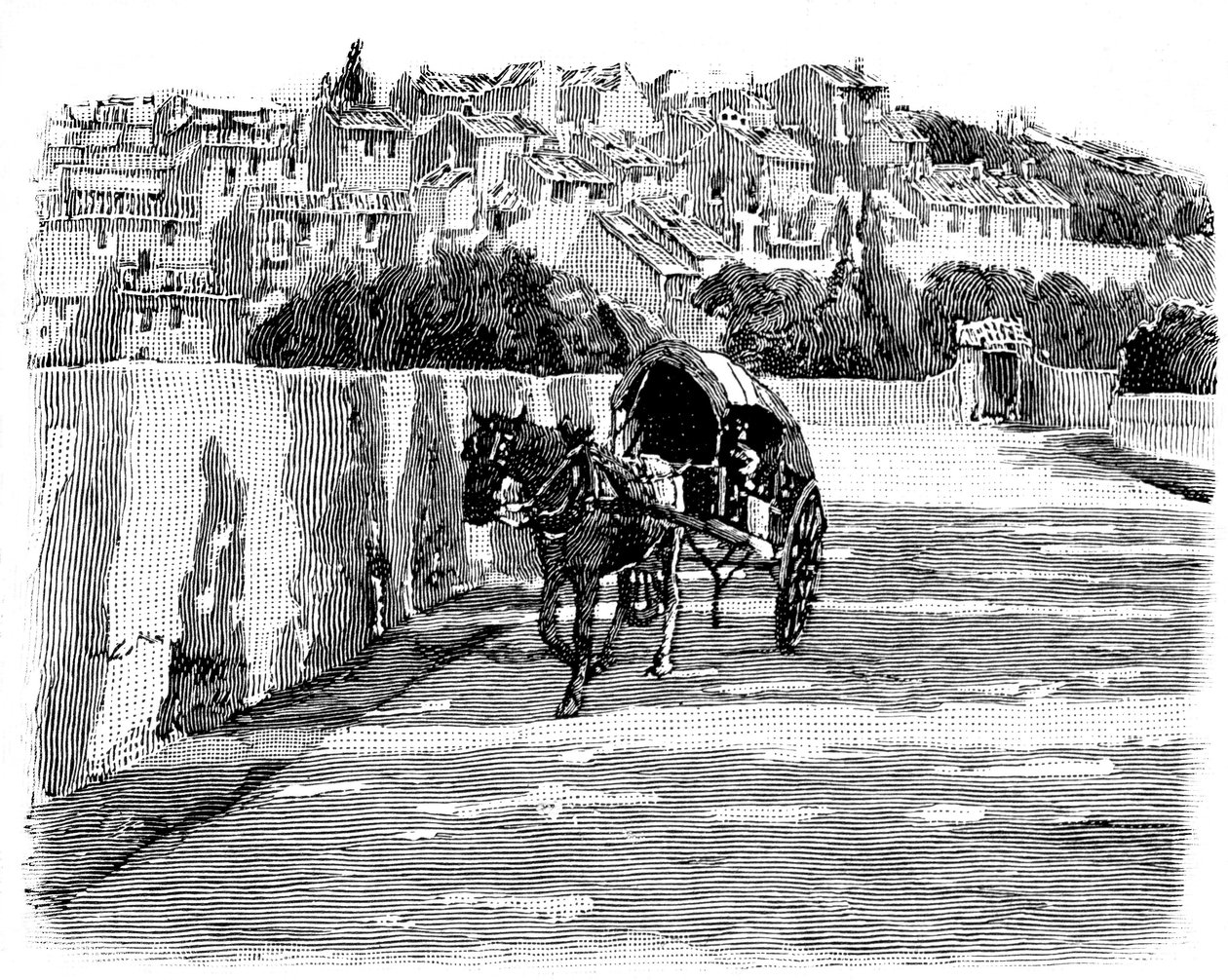 Village du Midi de la France avec une calèche. Gravure de Joseph Pennell 1888 (détail) - Joseph Pennell