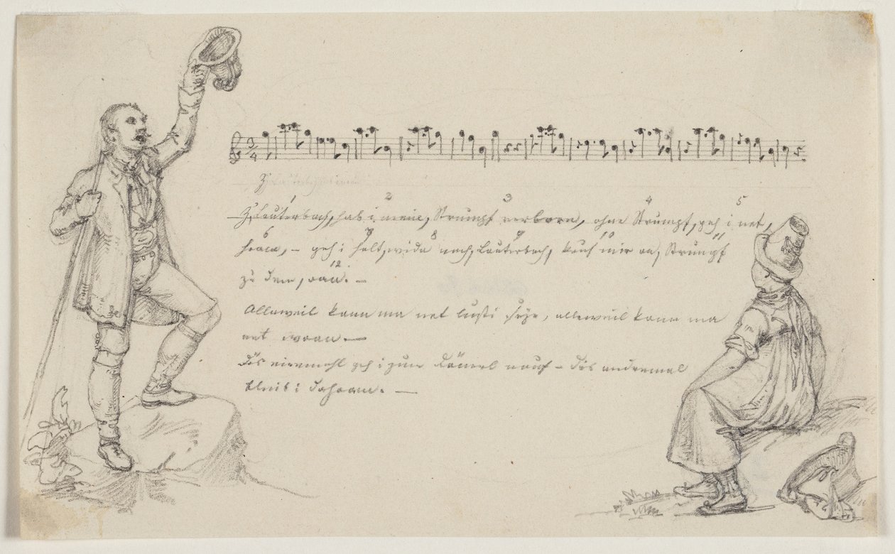 Tyrolien chantant et fille écoutant. Partitions et texte - Joseph Petzl