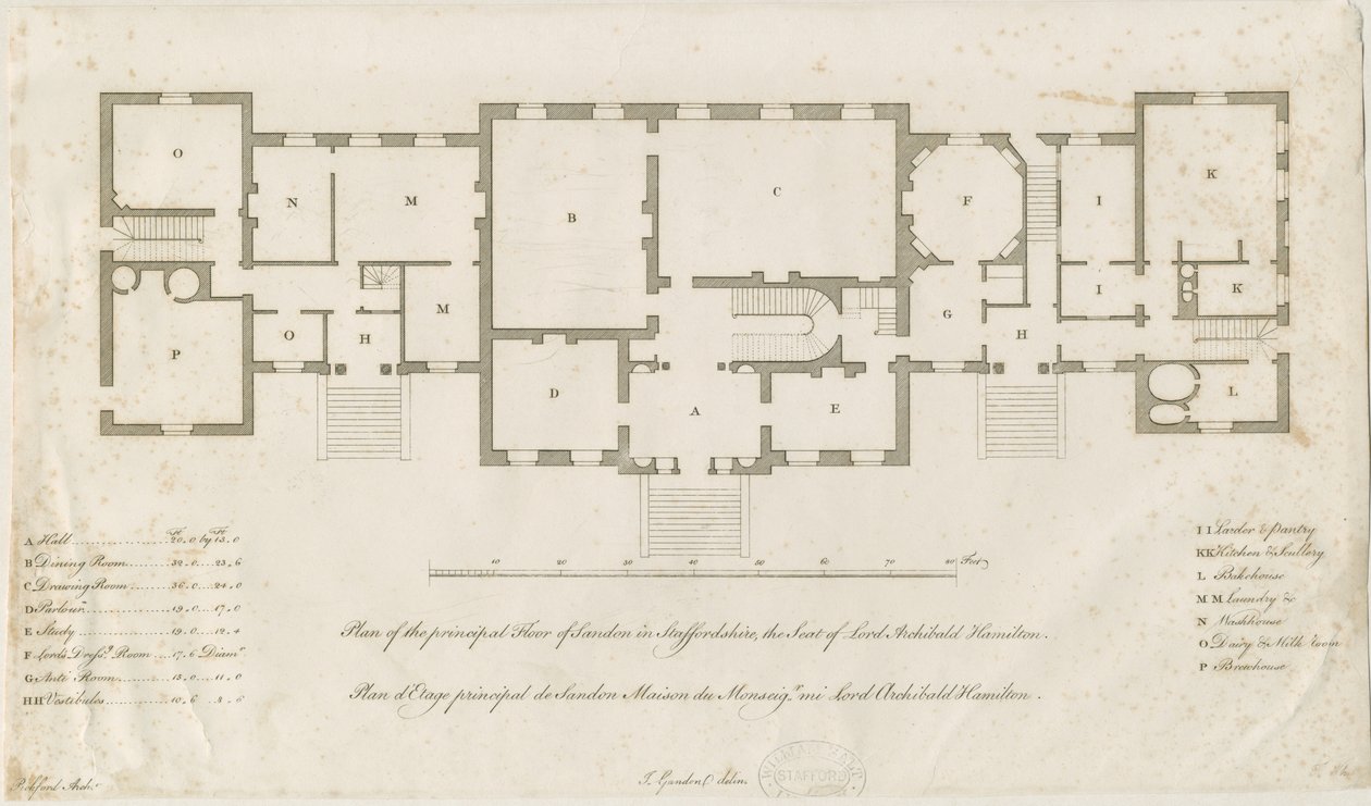 Sandon Hall - Plan du rez-de-chaussée principal : gravure - Joseph Pickford