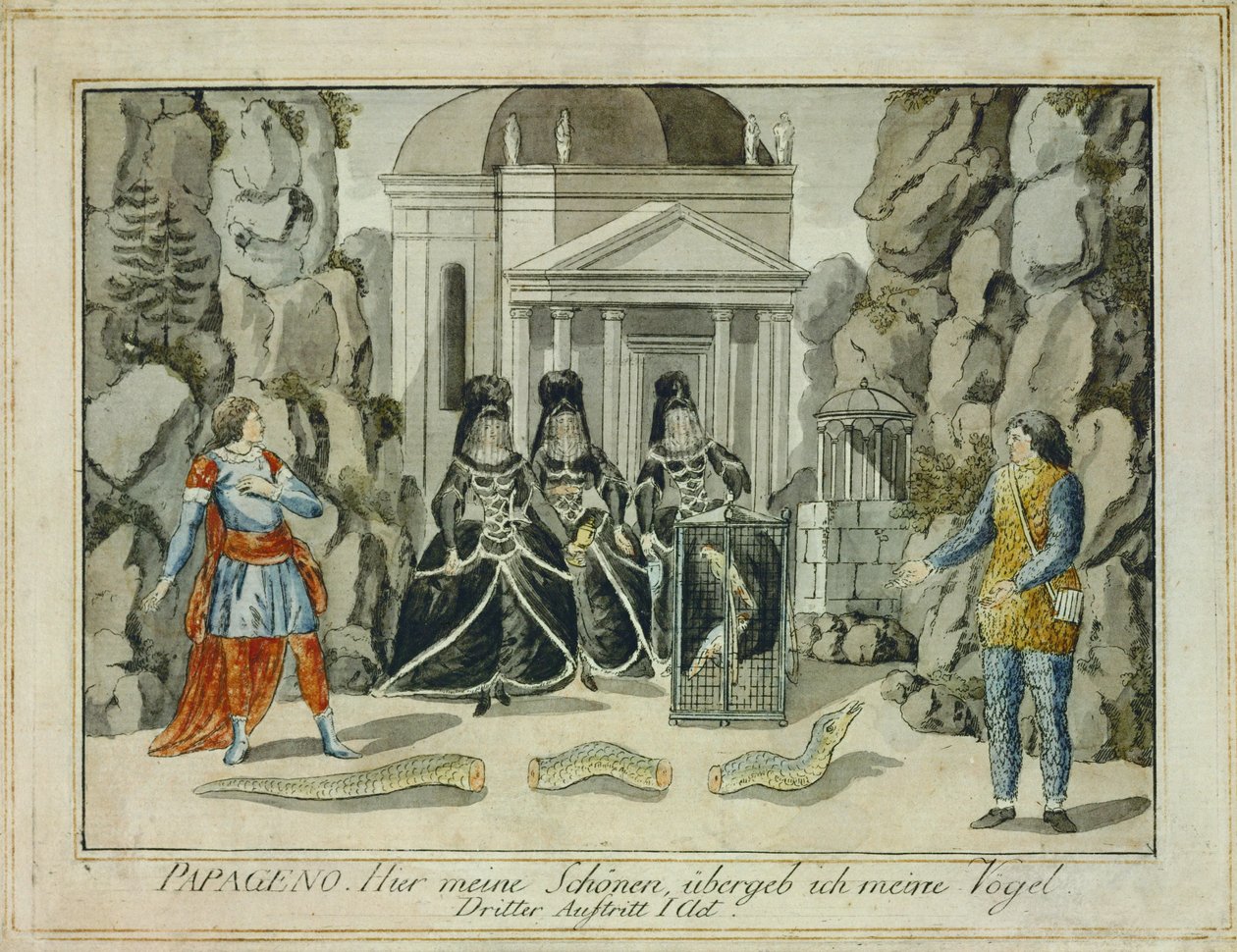 Tamino et Papageno avec les trois dames ... (gravure) - Joseph Schaffer