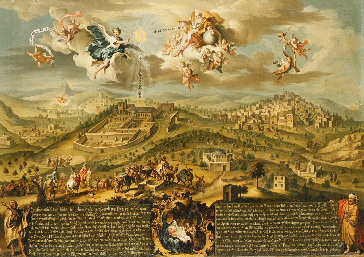 Vue de Bethléem avec le voyage des mages, la Trinité au-dessus et la Nativité dans une cartouche peinte en dessous, 1752 - Joseph Stephan