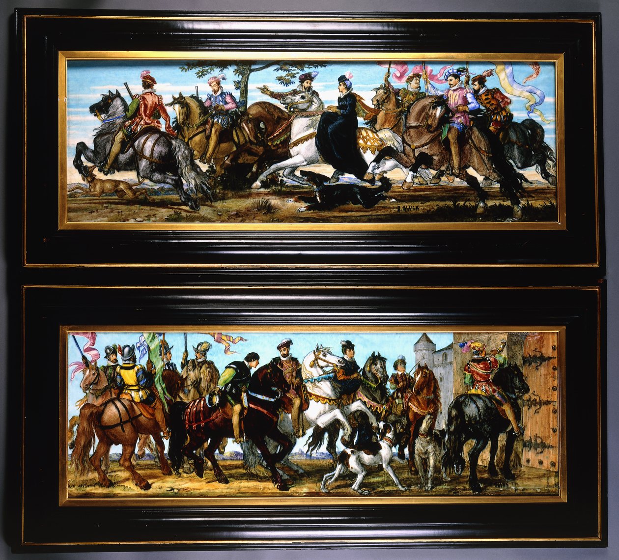 Une paire de plaques murales en poterie, représentant des scènes médiévales de chasseurs avec des chiens - Joseph Theodore Deck