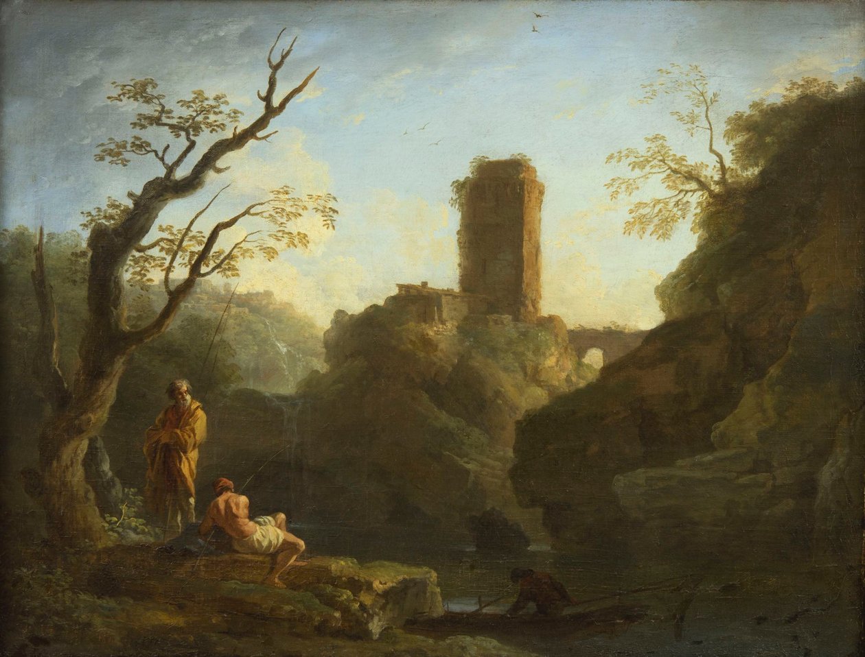 French: Un paysage avec un arbre et deux hommes, une tour en arrière-plan - Joseph Vernet