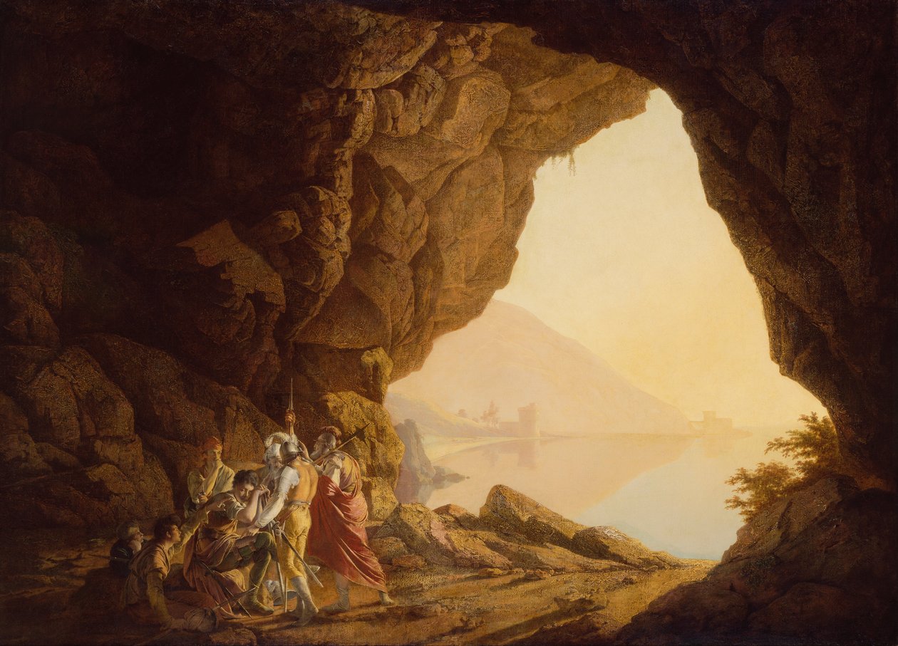 Grotte au bord de la mer dans le Royaume de Naples avec les Banditti, coucher de soleil - Joseph Wright of Derby