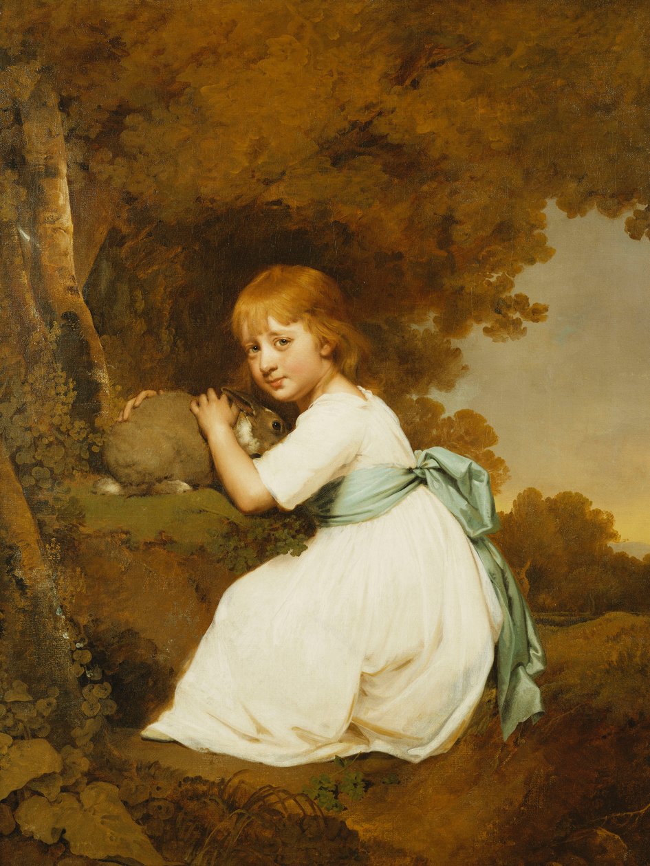 Portrait de Miss Bentley, assise en longueur, portant une robe blanche, tenant un lapin dans un paysage, vers 1781 - Joseph Wright of Derby