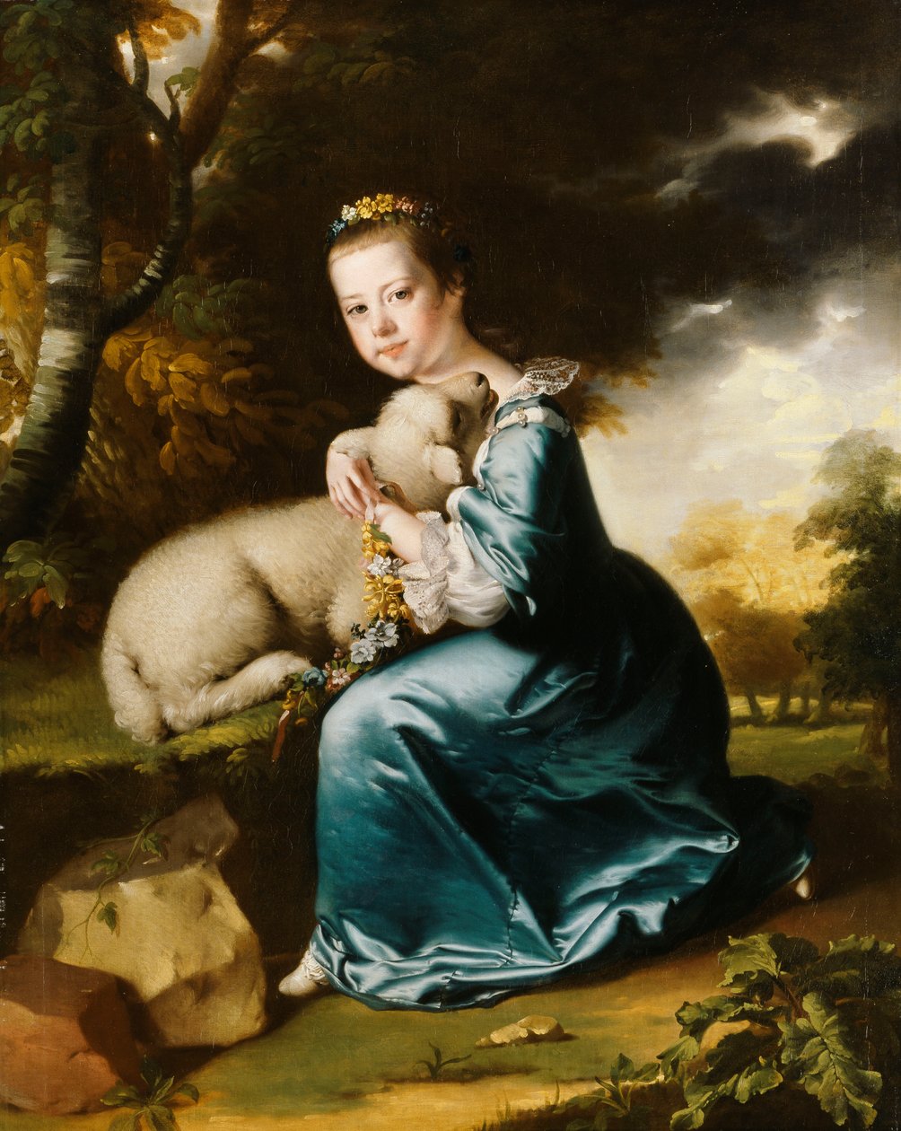 Portrait de Mlle Frances Warren, agenouillée en pleine longueur dans un parc boisé, portant une robe bleue et tenant un agneau - Joseph Wright of Derby