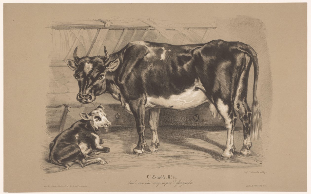 Koe met kalf in een stal - Joseph Zephyris Gengembre