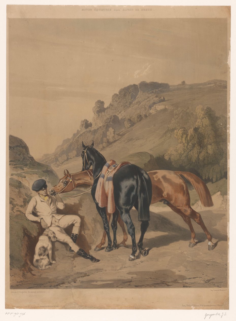 Deux chevaux avec un cavalier au repos dans un paysage (Motifs équestres d