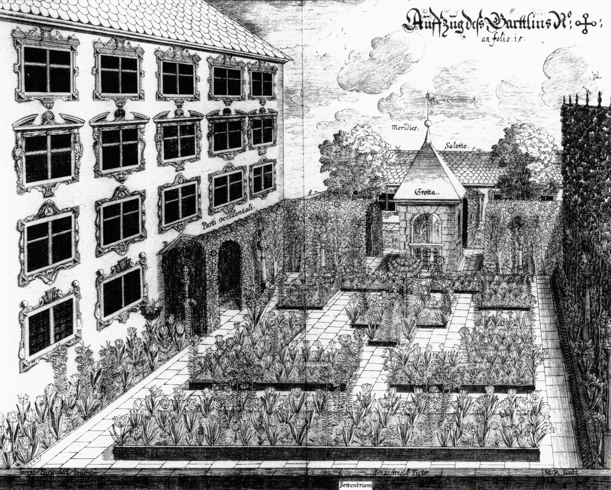 Conception pour le jardin de Furttenbach à Ulm, de Architectura Privata, gravé par Jonas Arnold, publié en 1641 - Joseph after Furttenbach