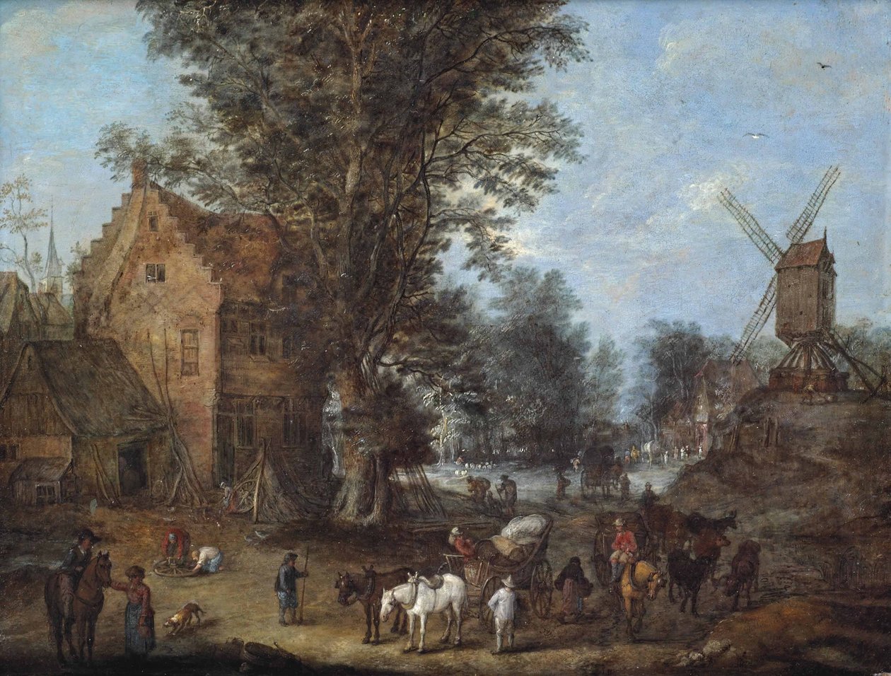 Scène de village avec des voyageurs, des charretiers et de nombreux autres personnages dans leurs activités quotidiennes - Joseph van Bredael