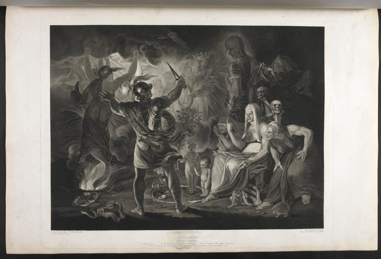 Macbeth. Acte IV. Scène I. Une grotte sombre. Au milieu un chaudron bouillant. Trois sorcières. Macbeth. Hécate. Macbeth fait face aux sorcières et aux apparitions; à ses pieds, à l