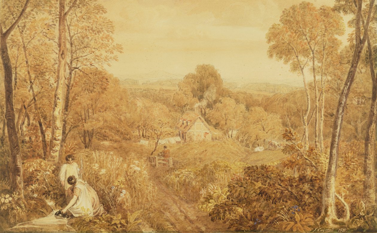 Paysage boisé avec cottages et paysannes, Hurley, Berks, 1818 - Joshua Cristall