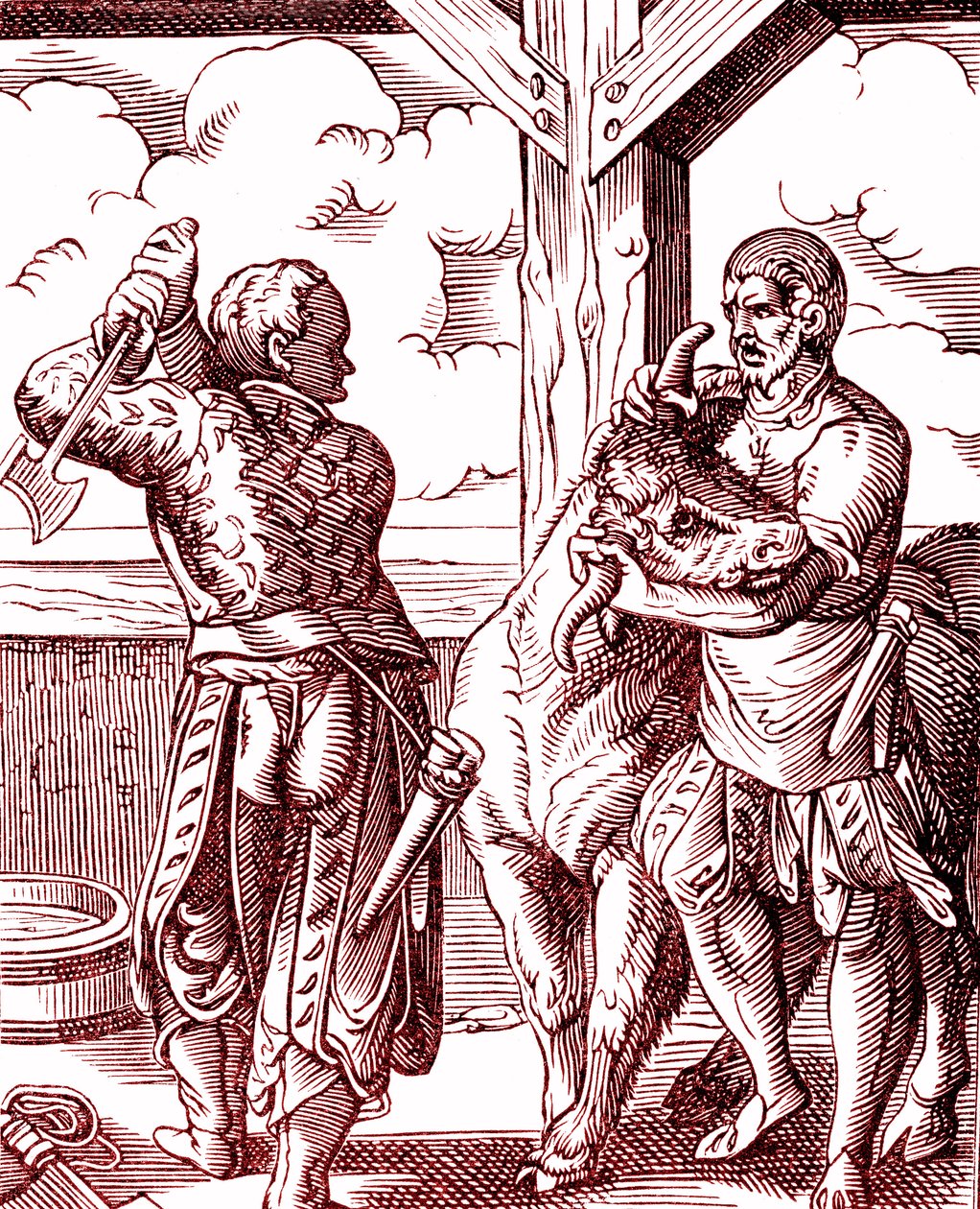 Un boucher - Nourriture et cuisine au Moyen Âge. Gravure de Jost Amman (1539-1591). Gravure de 1878 - Jost (after) Amman