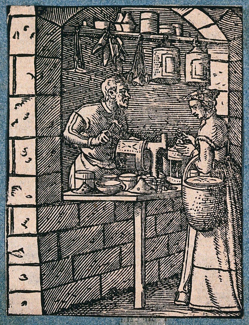 Un fabricant de lanternes travaille à son établi et parle avec une cliente qui examine une lanterne terminée. Gravure sur bois de J. Amman. - Jost Amman