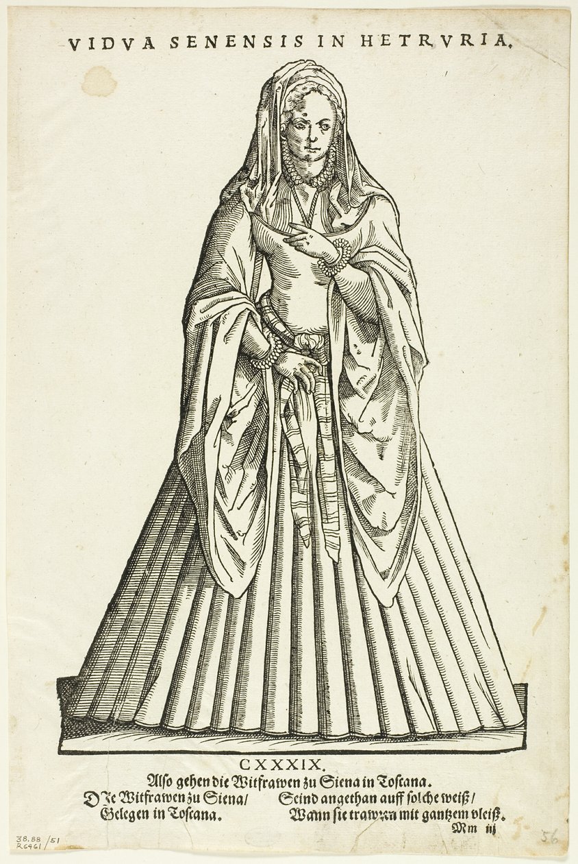 Vidua Senensis in Hetruria (Veuve de Sienne en Toscane) du Trachtenbuch de H. Weigel, planche 51 des gravures sur bois des livres du XVIe siècle. - Jost Amman