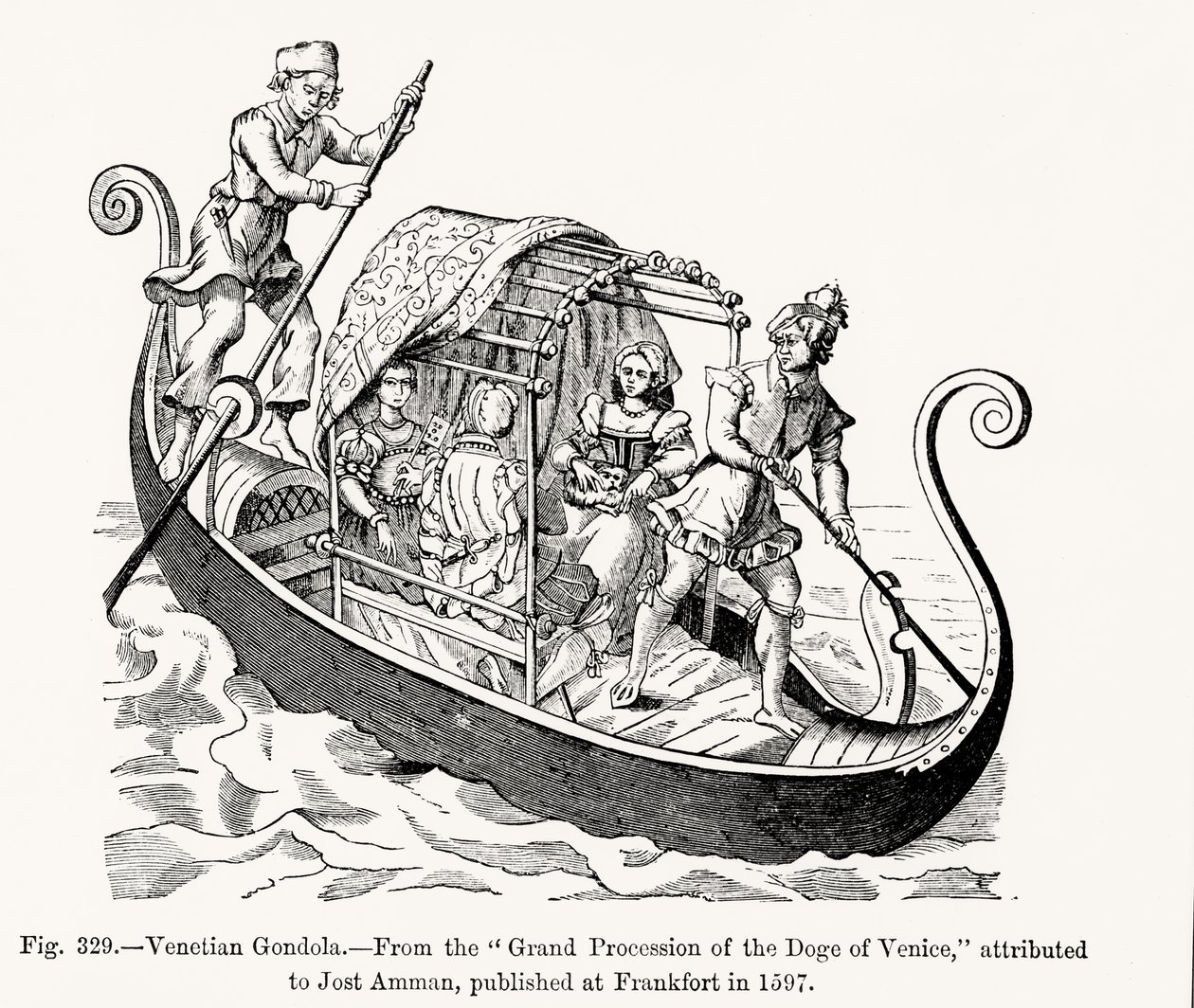 Gondole vénitienne, de la Grande Procession du Doge de Venise, illustration de Science et Littérature au Moyen Âge et à la Renaissance, écrit et gravé par Paul Lacroix, 1878 - Jost (after) Amman