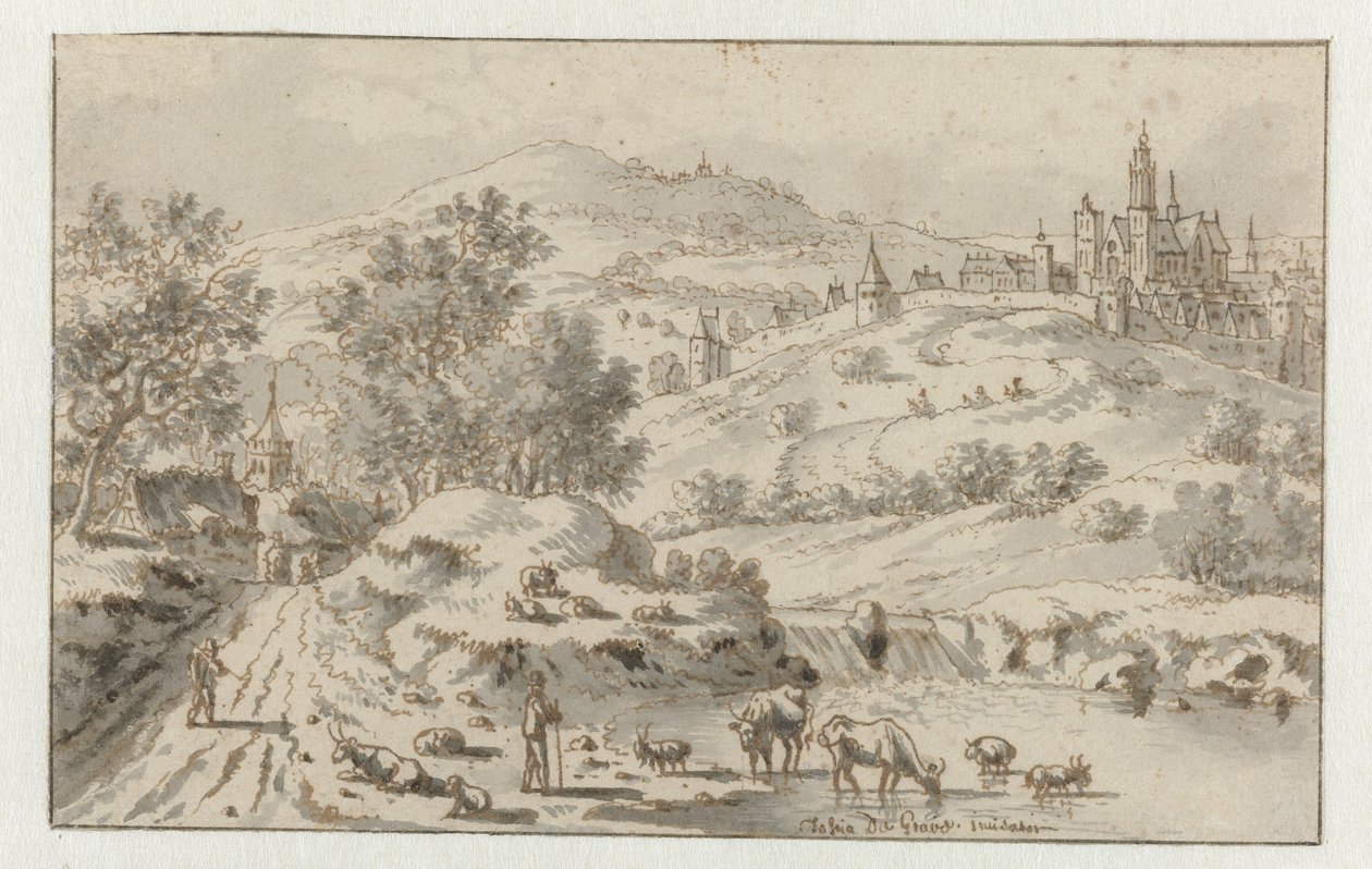 Paysage montagneux avec une ville sur une colline - Josua de Grave