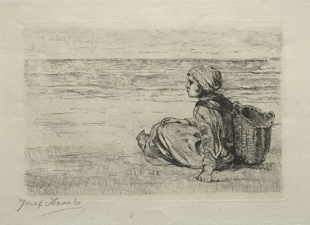 Fille avec panier assise sur le rivage - Jozef Israëls