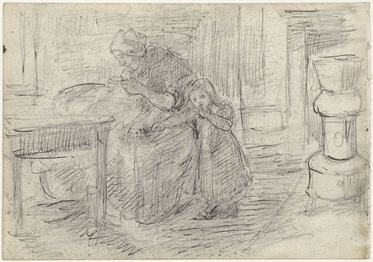 Intérieur avec une femme occupée à un travail manuel et son enfant - Jozef Israëls