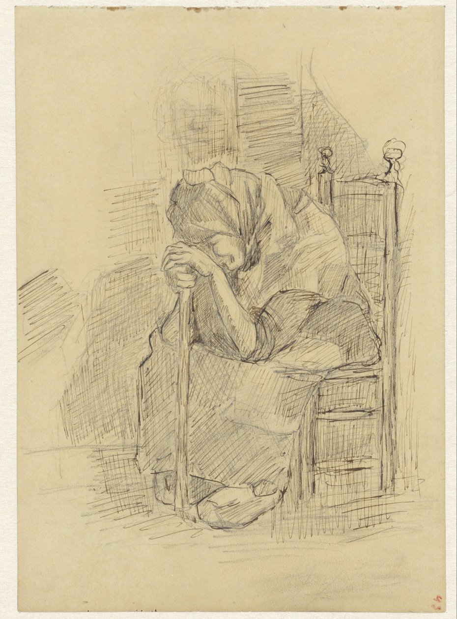 Une vieille femme assise, appuyée sur une canne - Jozef Israëls