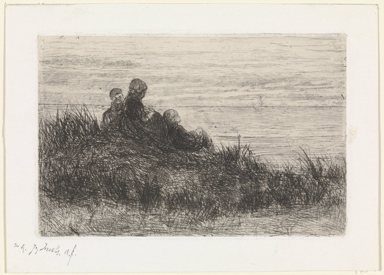 Paysage de dunes avec mère et enfants - Jozef Israëls (signed by artist)