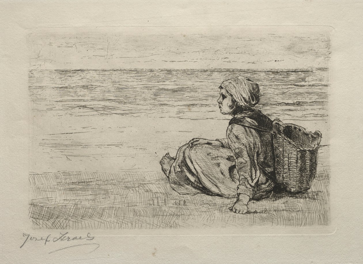 Fille avec panier assise sur le rivage - Jozef Israëls