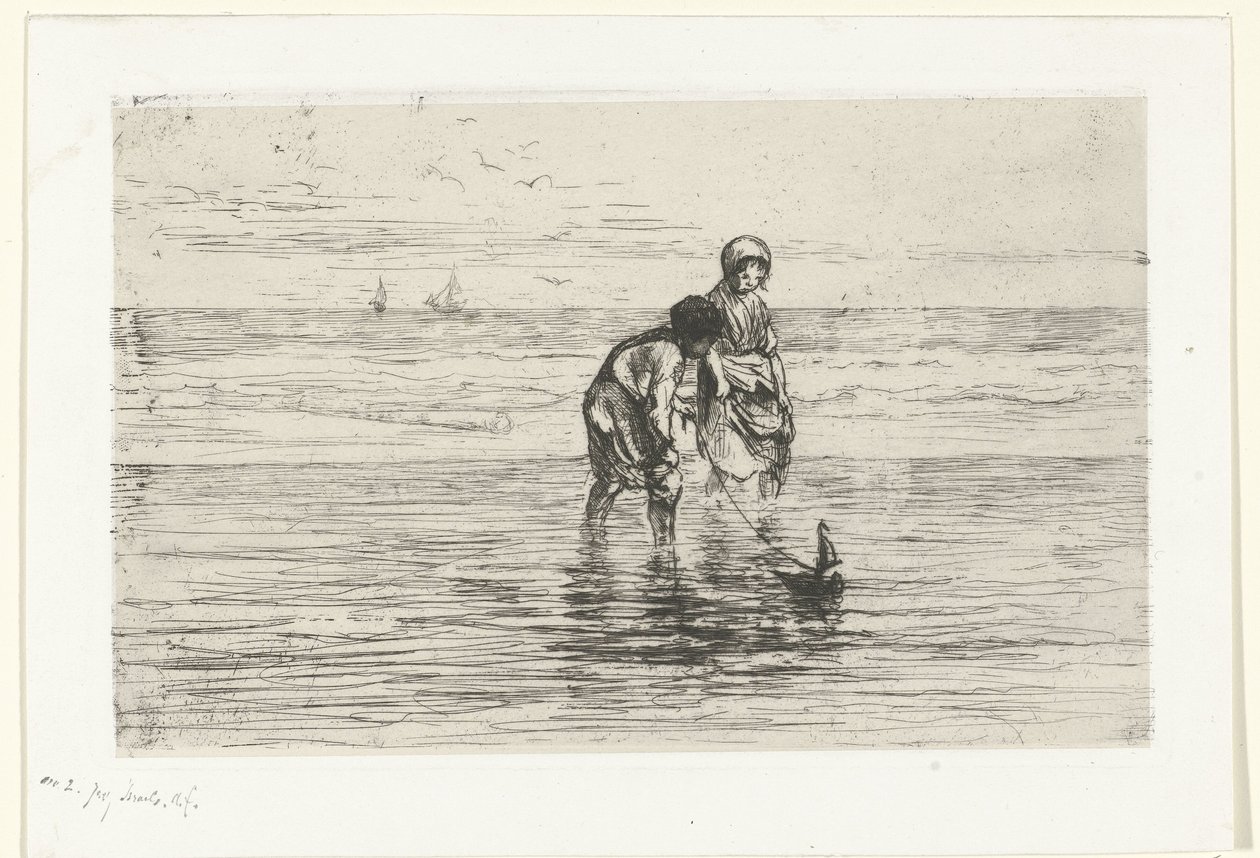 Enfants jouant avec un bateau sur la plage - Jozef Israëls