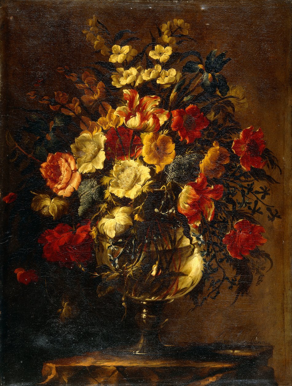 Fleurs dans un vase en verre sur un rocher - Juan de Arellano