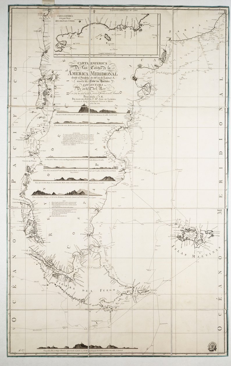Carte du Chili, Patagonie, Terre de Feu et Îles Falkland, c.1798 - Juan de Langara