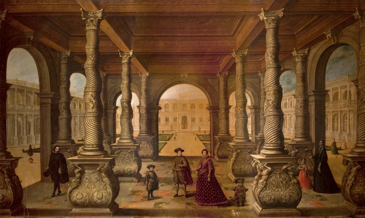 Philippe IV et sa reine dans une colonnade, vers 1630 - Juan de la Corte