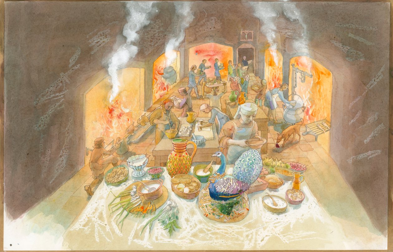 Scène de cuisine du haut Moyen Âge (aquarelle sur papier) - Judith Dobie