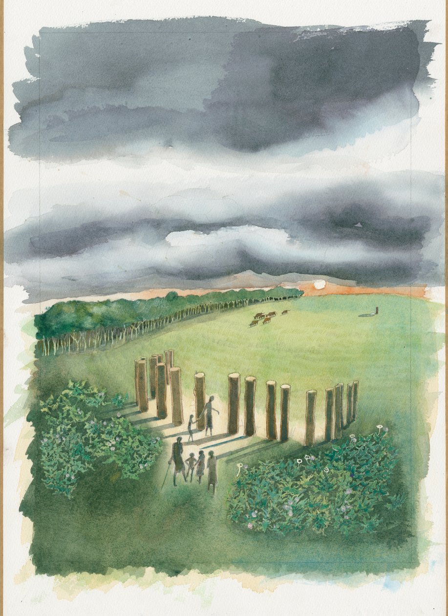Reconstruction néolithique de Raunds (aquarelle sur papier) - Judith Dobie