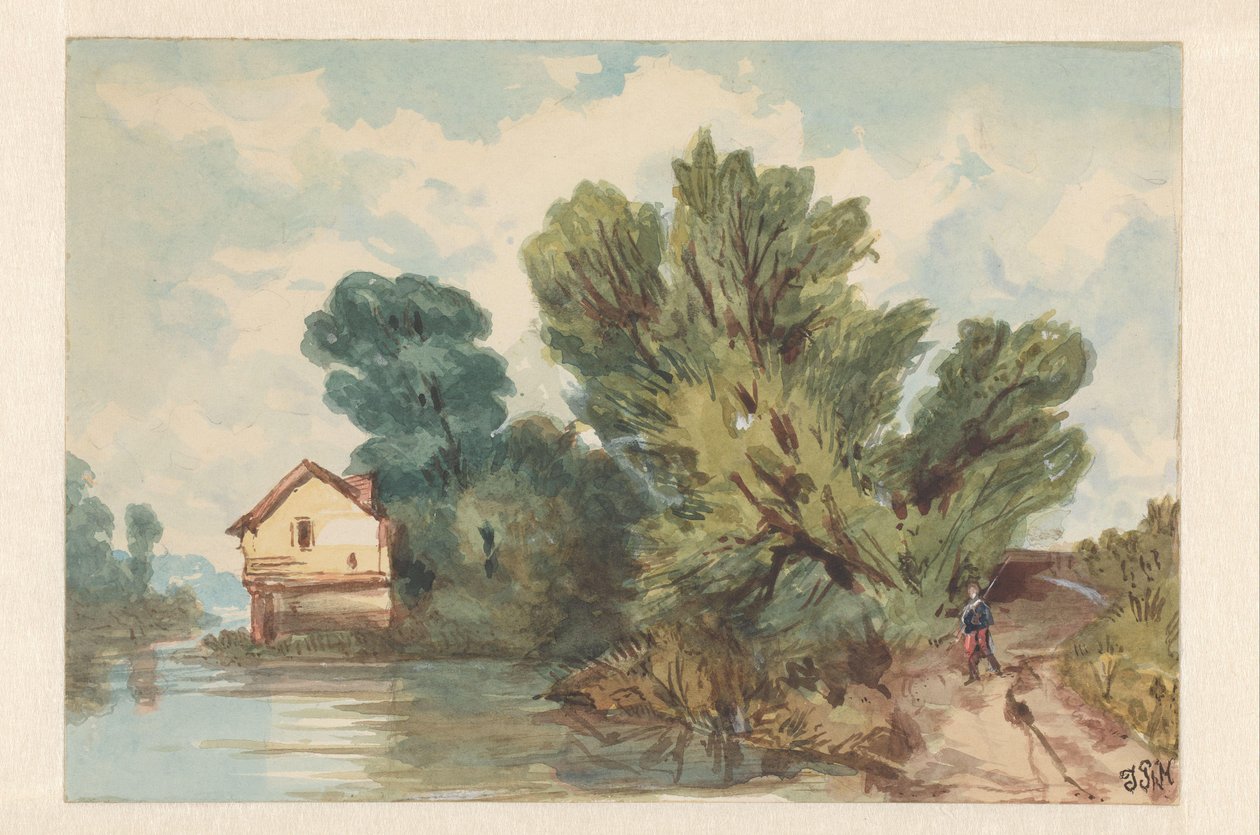 Paysage avec promeneur et maison au bord de l