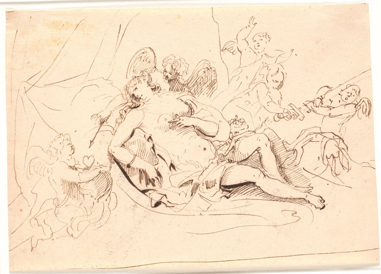 Vénus reposante, entourée de six putti jouant avec une épée, une flèche et un cœur - Jürgen Ovens