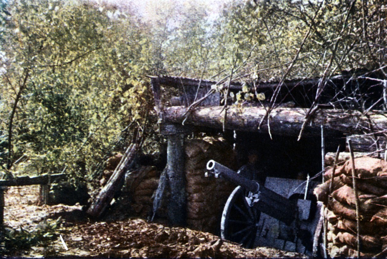 Un canon français camouflé de 75 mm sous les arbres pendant la bataille de Verdun, septembre 1916 - Jules Gervais Courtellemont