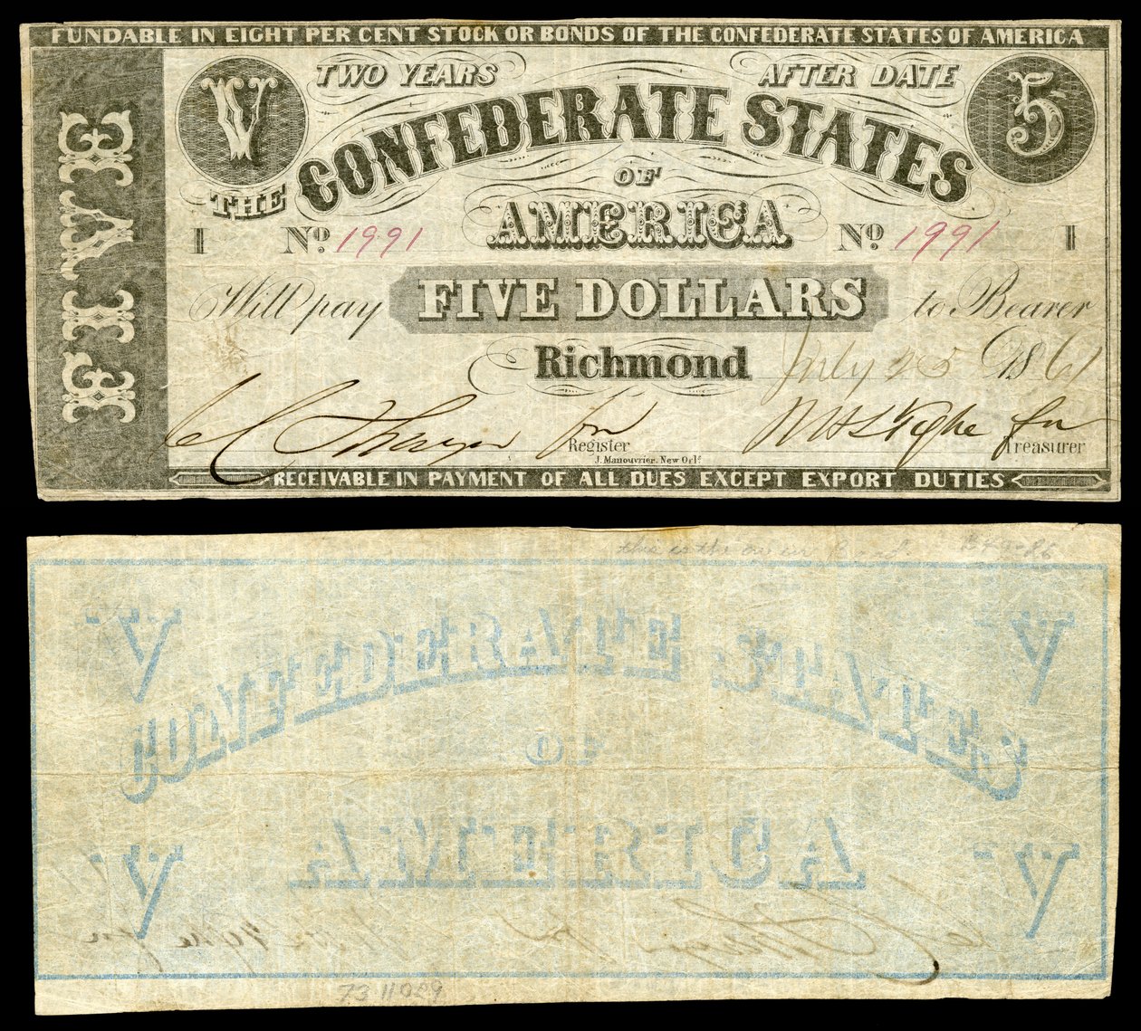 Billet de 5 dollars de la deuxième série des États confédérés d