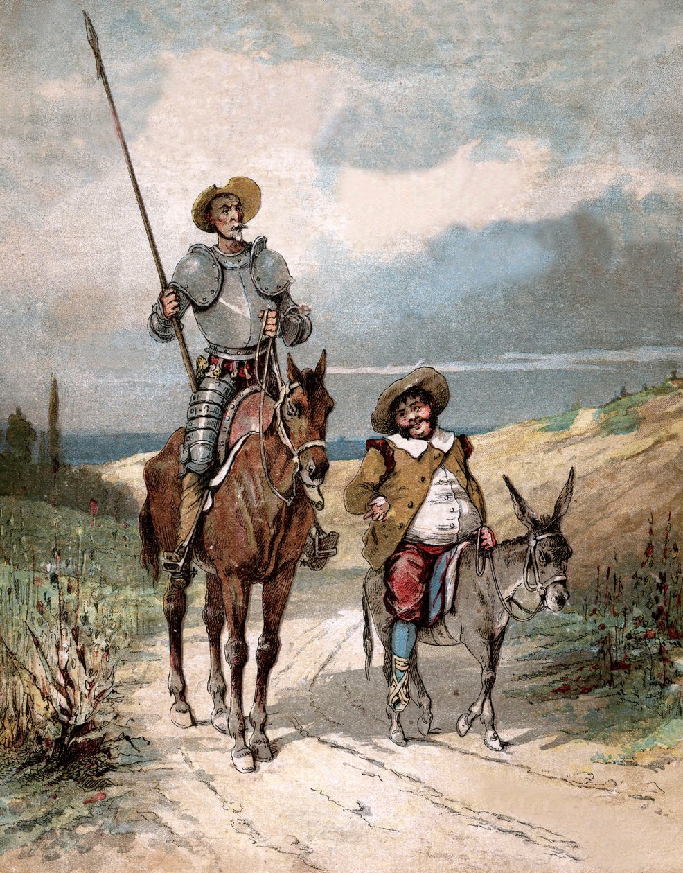 Don Quichotte et Sancho Panza, illustration du livre de Miguel de Cervantes "Histoire de Don Quichotte", gravure d