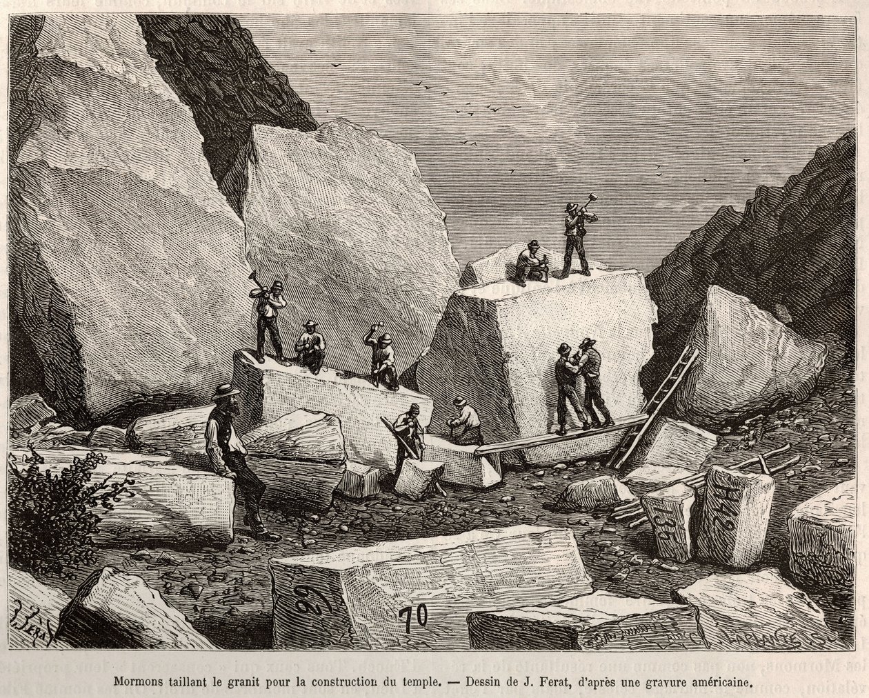 Mormons taillant du granit pour la construction du temple. Gravure d