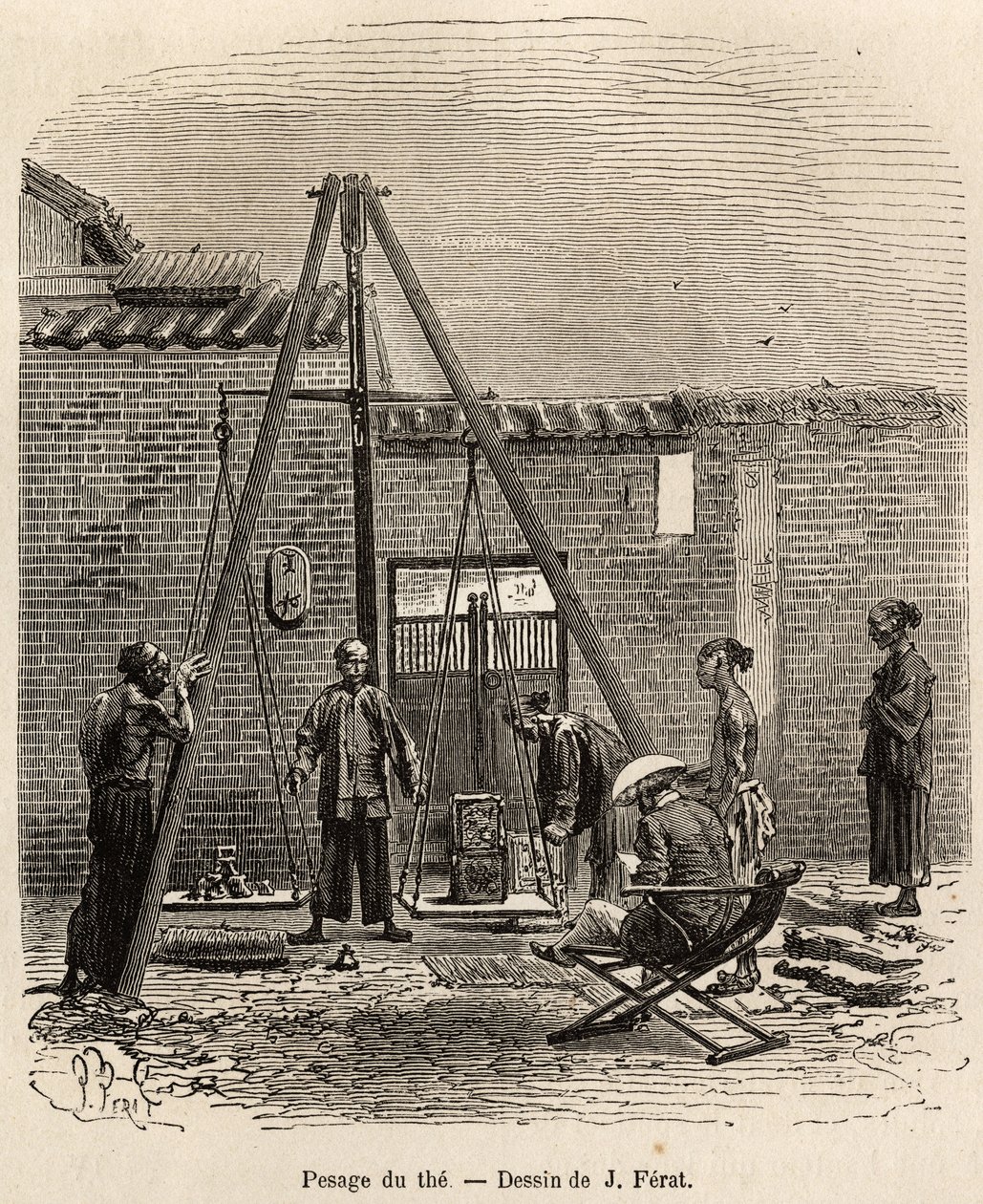 La pesée du thé avant son expédition sur les marchés commerciaux dans une usine de poudre à canon à Fati Bay (province de Canton), gravé d