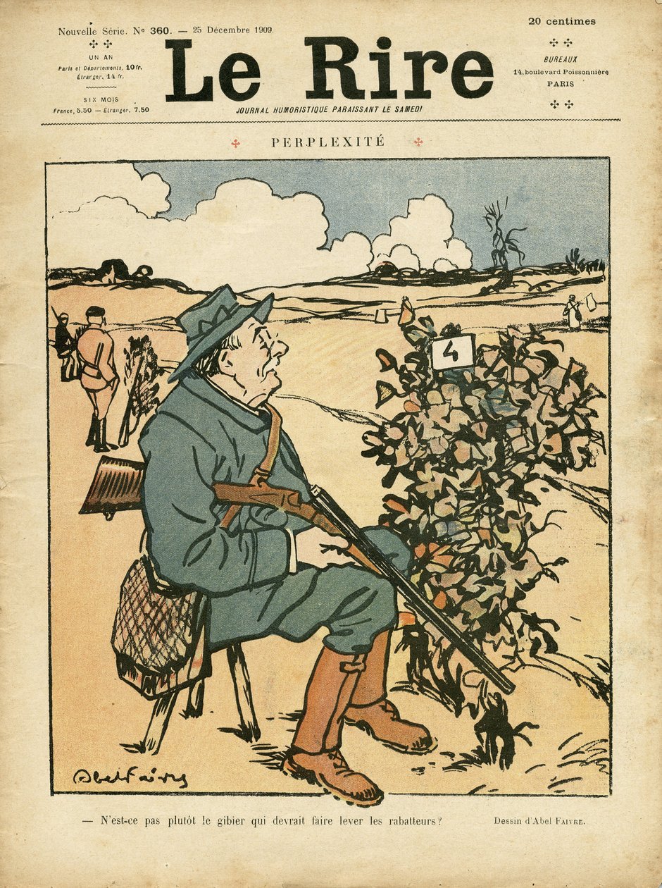 Illustration par Abel Faivre (1867-1945) pour la couverture de Le Rire, 25/12/09 - Perplexité - Campagne, Loisirs, Chasse - Jules Abel Faivre