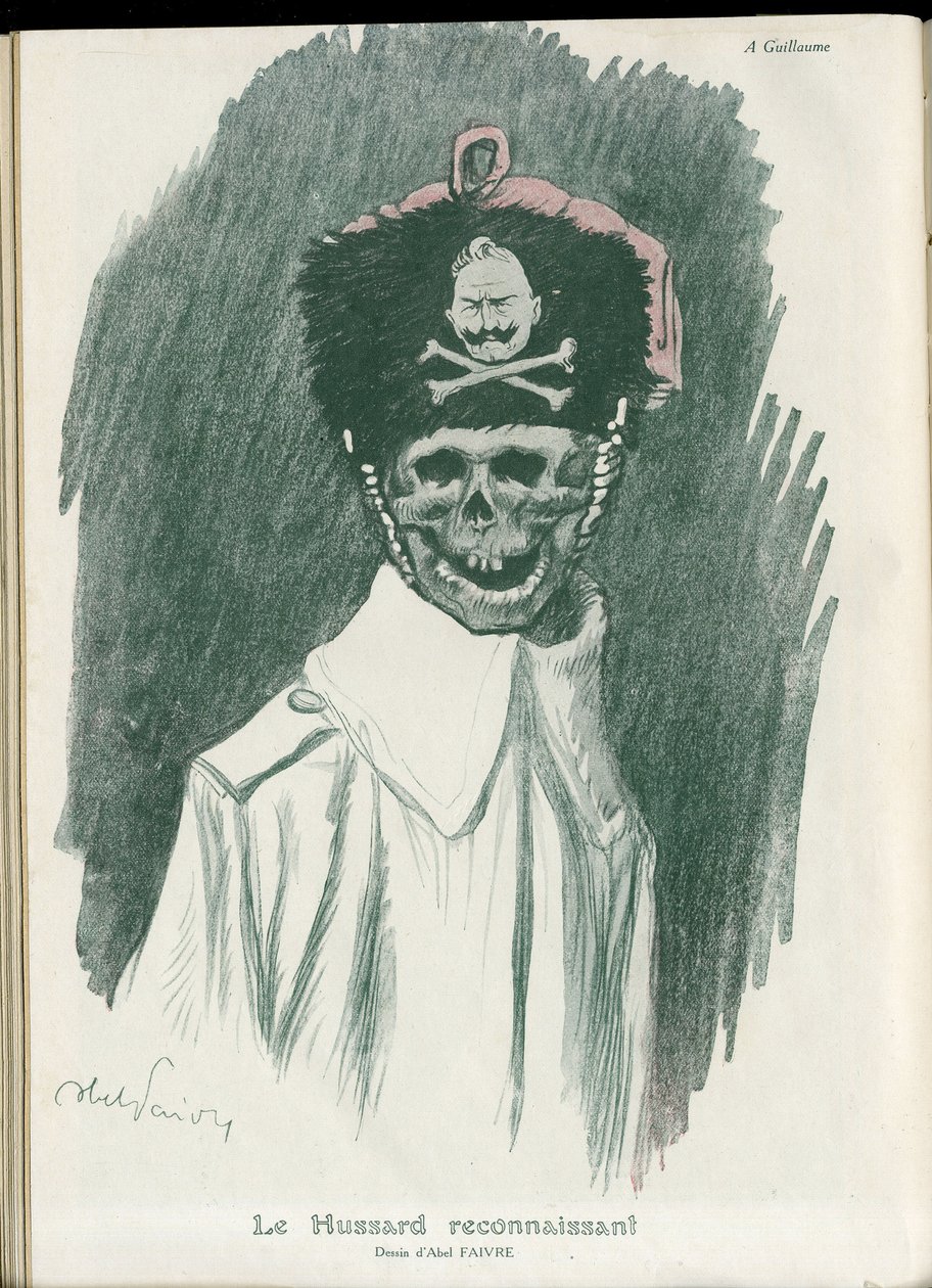 Illustration par Abel Faivre (1867-1945) dans "Fantasio", 01/05/15 - Le hussard reconnaissant - Guerre de 14-18, Allemagne prussienne - Guillaume II, Faucheuse/Camarade - Mort, Visages Riantes - Jules Abel Faivre